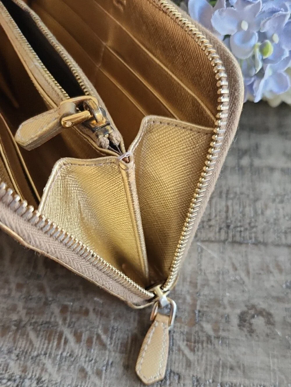 Prada Metallic Gold Bow Zip-Around Wallet